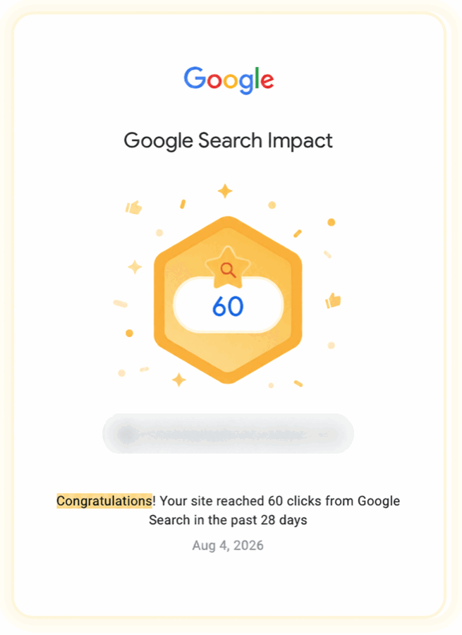 Google Search Impact notification showing 60 clicks in 28 days; website identity hidden for privacy